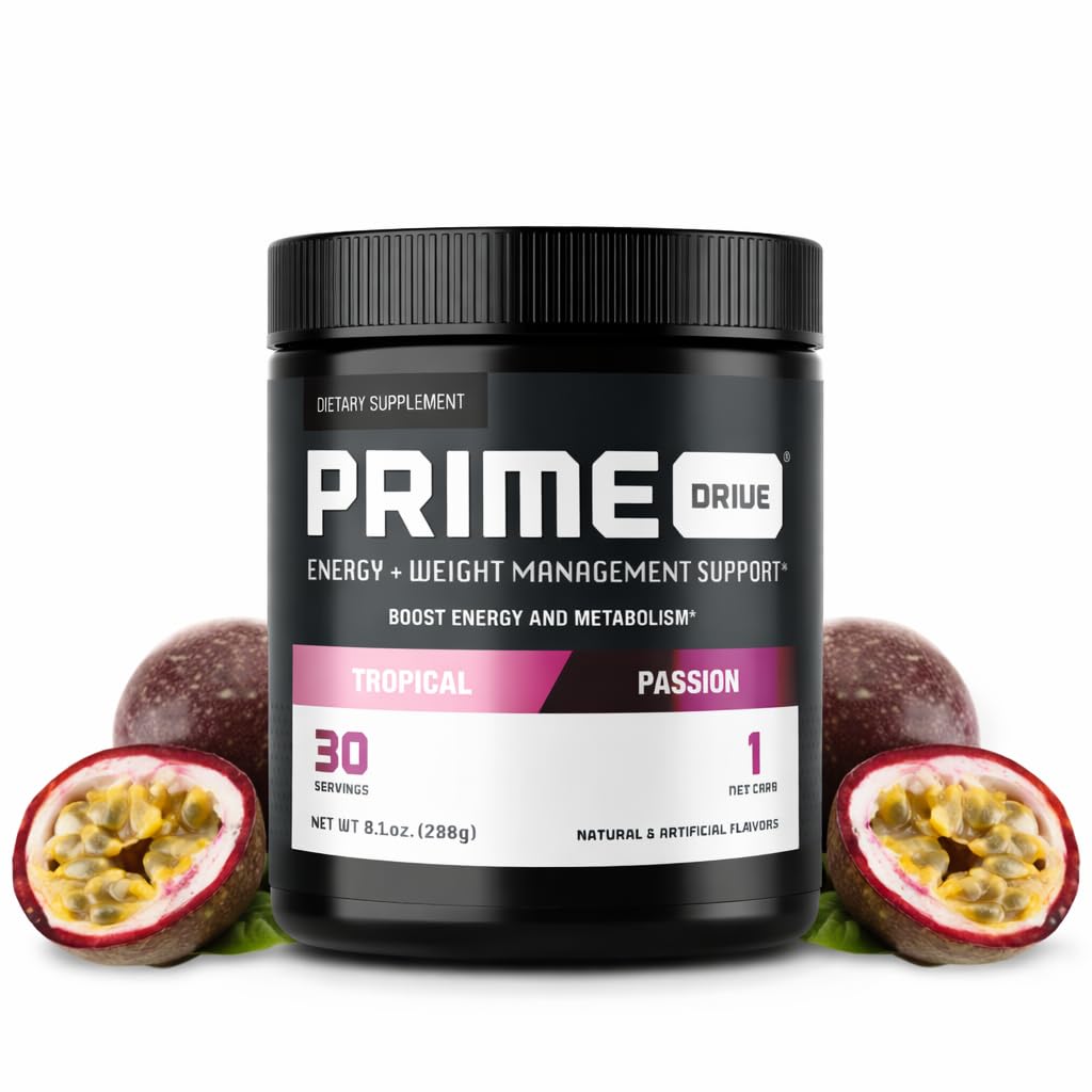 Complete Nutrition Prime Drive Tropical Passion tub with scoop, energizing flavor for workouts.