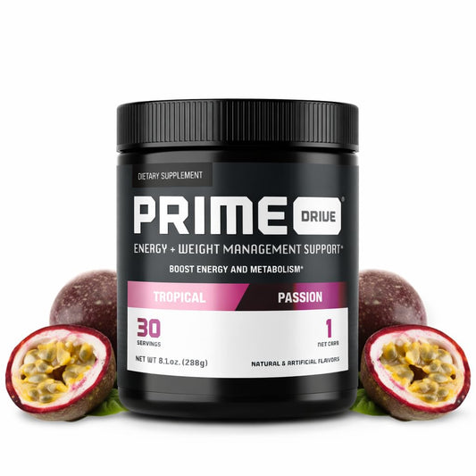 Complete Nutrition Prime Drive Tropical Passion tub with scoop, energizing flavor for workouts.