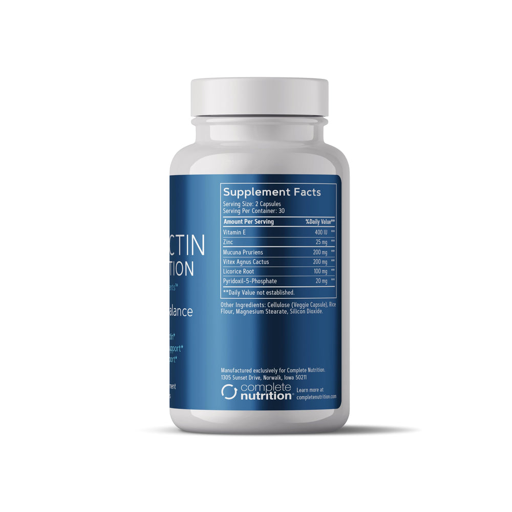 Complete Nutrition Prolactin capsules closeup showing daily regulation potential.
