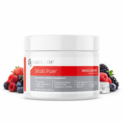 Complete Nutrition Reclaim Multi Pure mixed berry powder bottle for daily vitamin and mineral support.