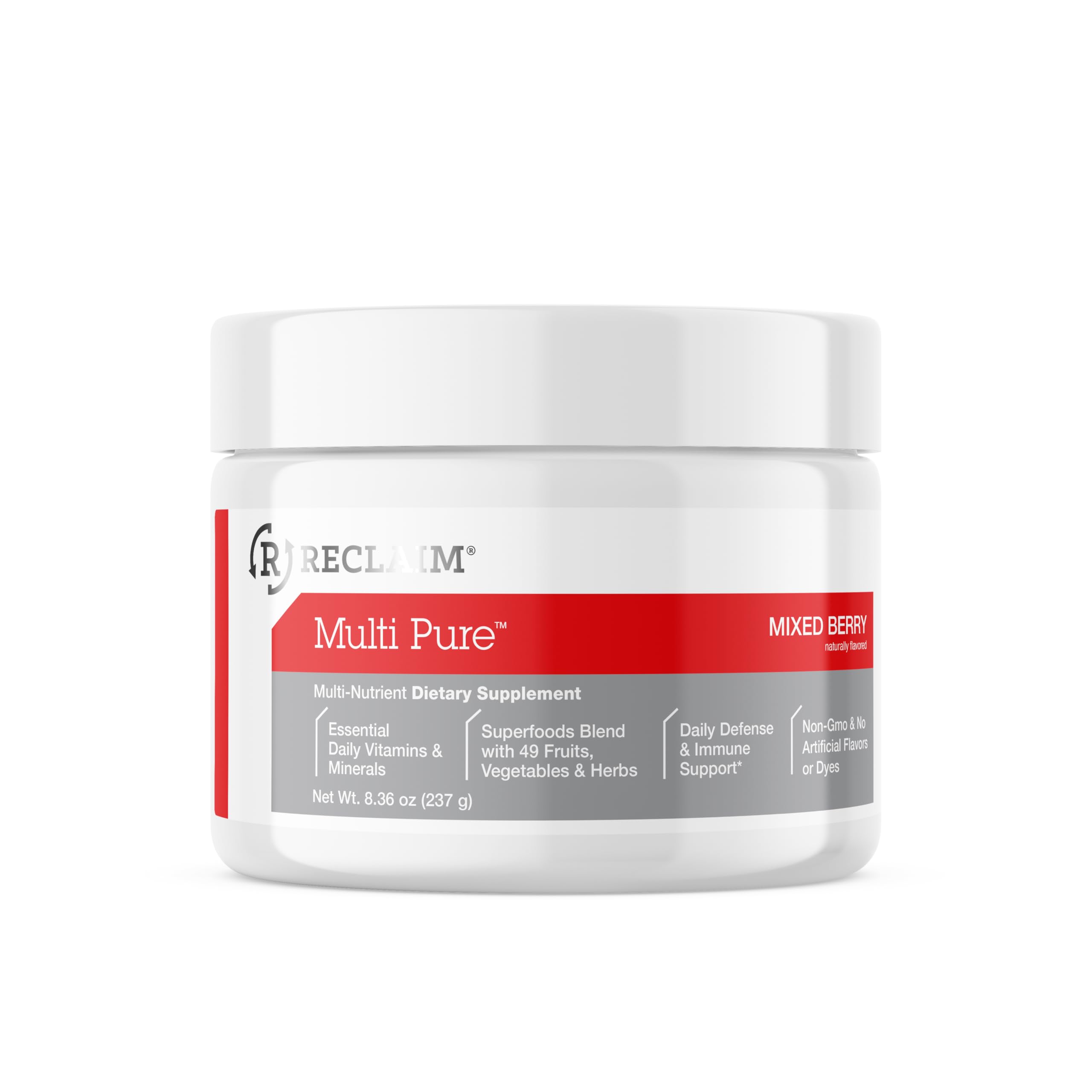 Scooping Reclaim Multi Pure powder for a flavorful berry wellness boost.