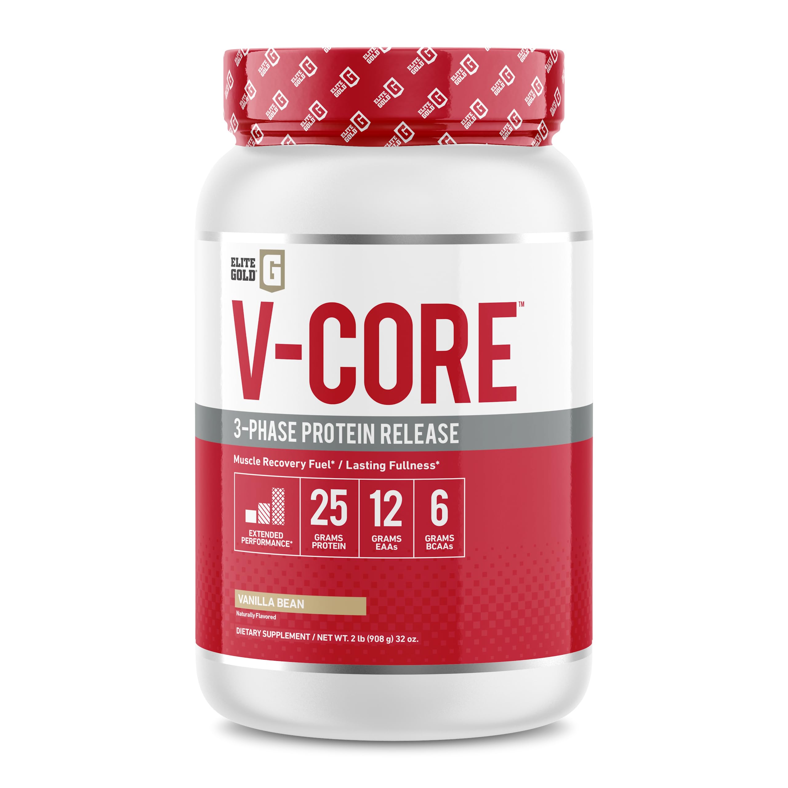 Complete Nutrition V-Core Protein Vanilla tub, ideal for post-workout recovery with high protein content.