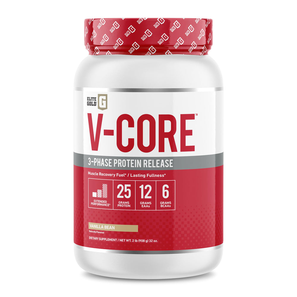 Complete Nutrition V-Core Protein Vanilla tub, ideal for post-workout recovery with high protein content.