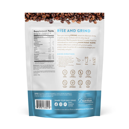 Complete Roast Coffee Protein bottle with zero sugar delivers an energy-boosting whey option.