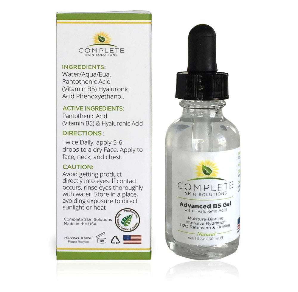 Close-up texture of Complete Skin Solutions B5 Gel shows smooth, hydrating consistency