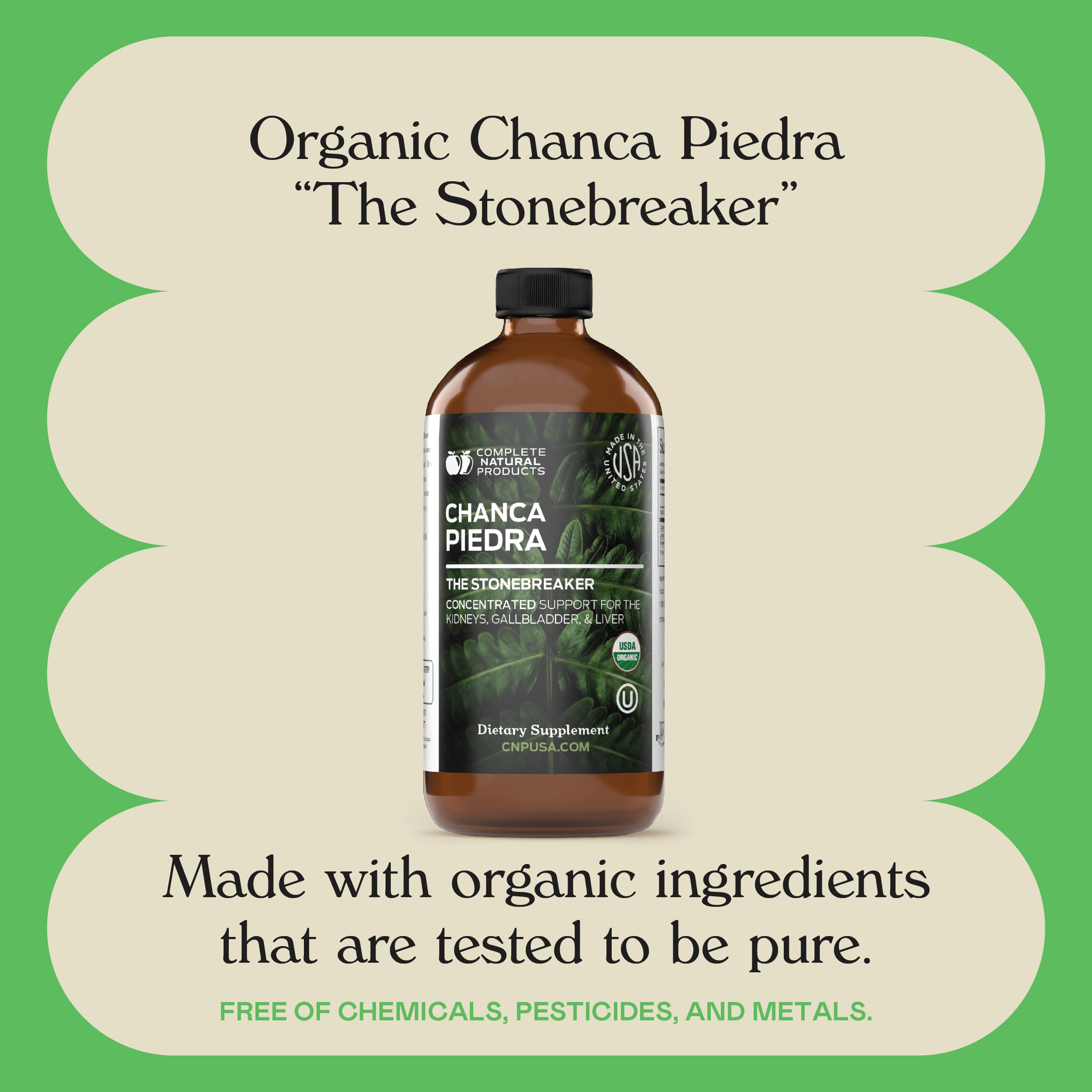 Chanca Piedra bottle being poured into a glass by Complete Natural Products.
