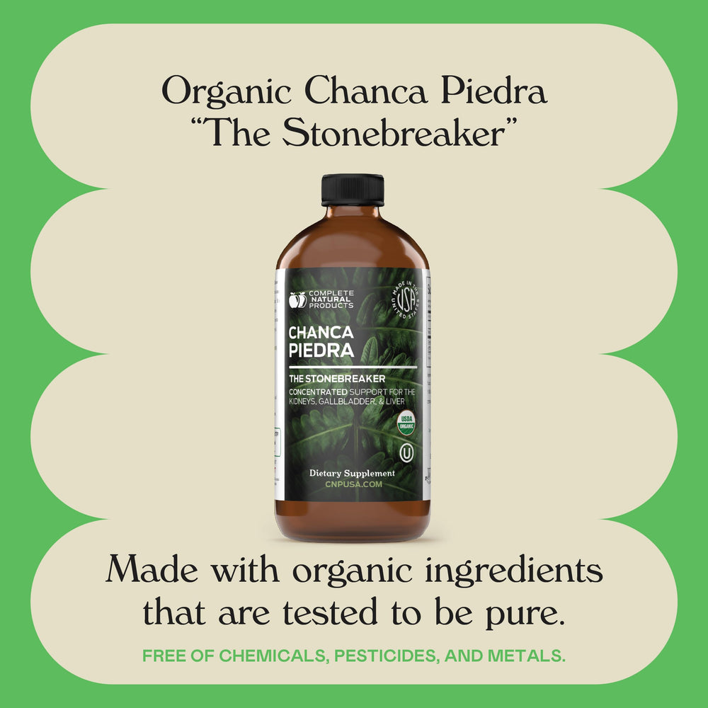Chanca Piedra bottle being poured into a glass by Complete Natural Products.