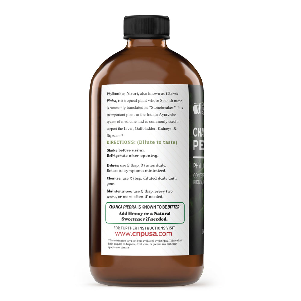 Close-up of Complete Natural Products Chanca Piedra label highlighting alcohol-free formula.