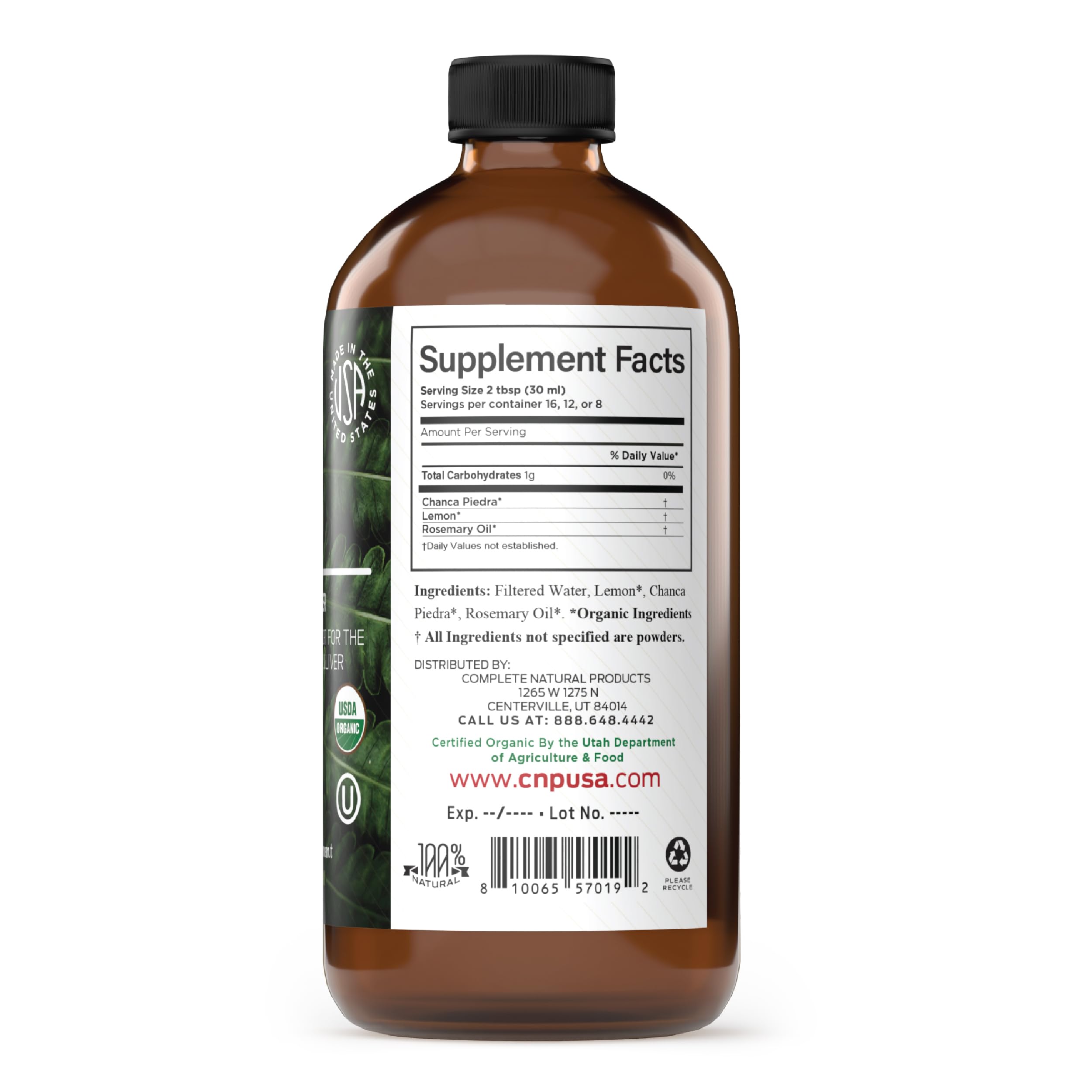 Liquid drops from Complete Natural Products Chanca Piedra ready to take with water.