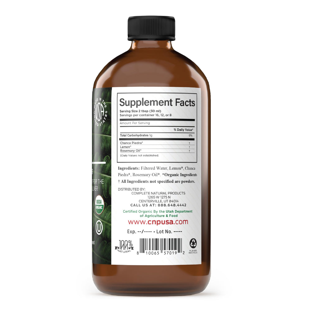 Liquid drops from Complete Natural Products Chanca Piedra ready to take with water.