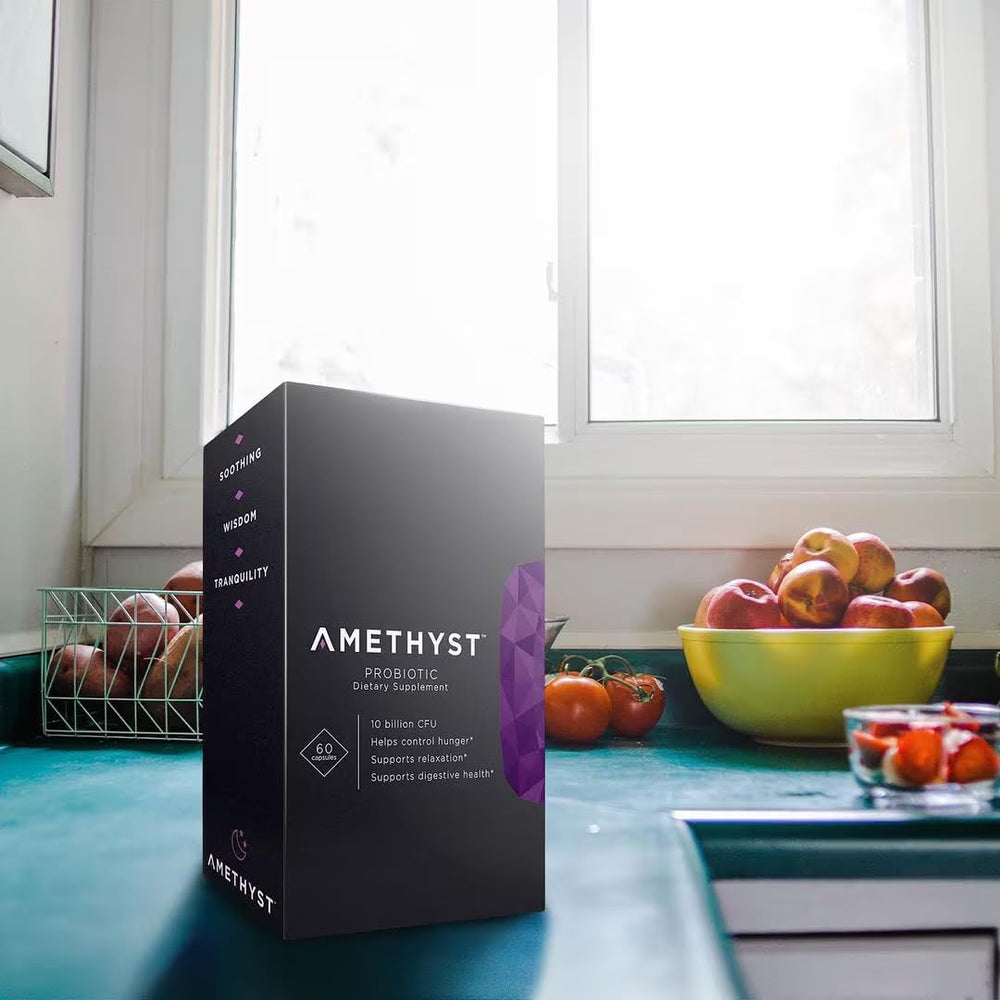 Complete Nutrition Amethyst Probiotic capsules close-up shows convenient daily capsules.