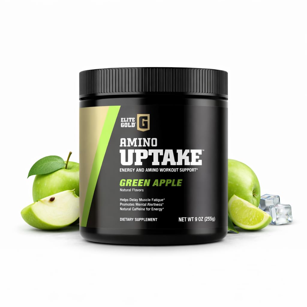 Complete Nutrition Elite GolElite Gold Amino Uptake label with green apple flavor and energy-boosting notes
