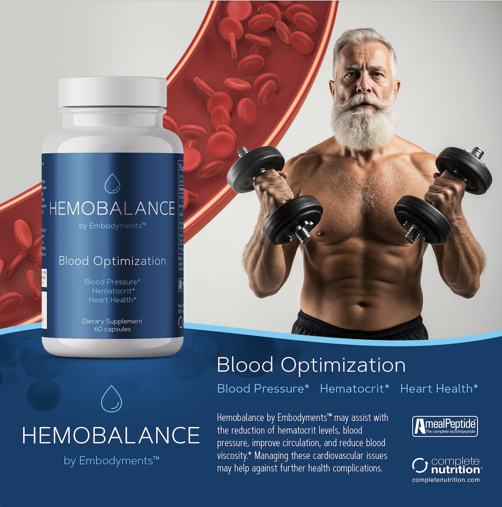 Complete Nutrition HemoBalance packaging display highlighting 60 capsules.