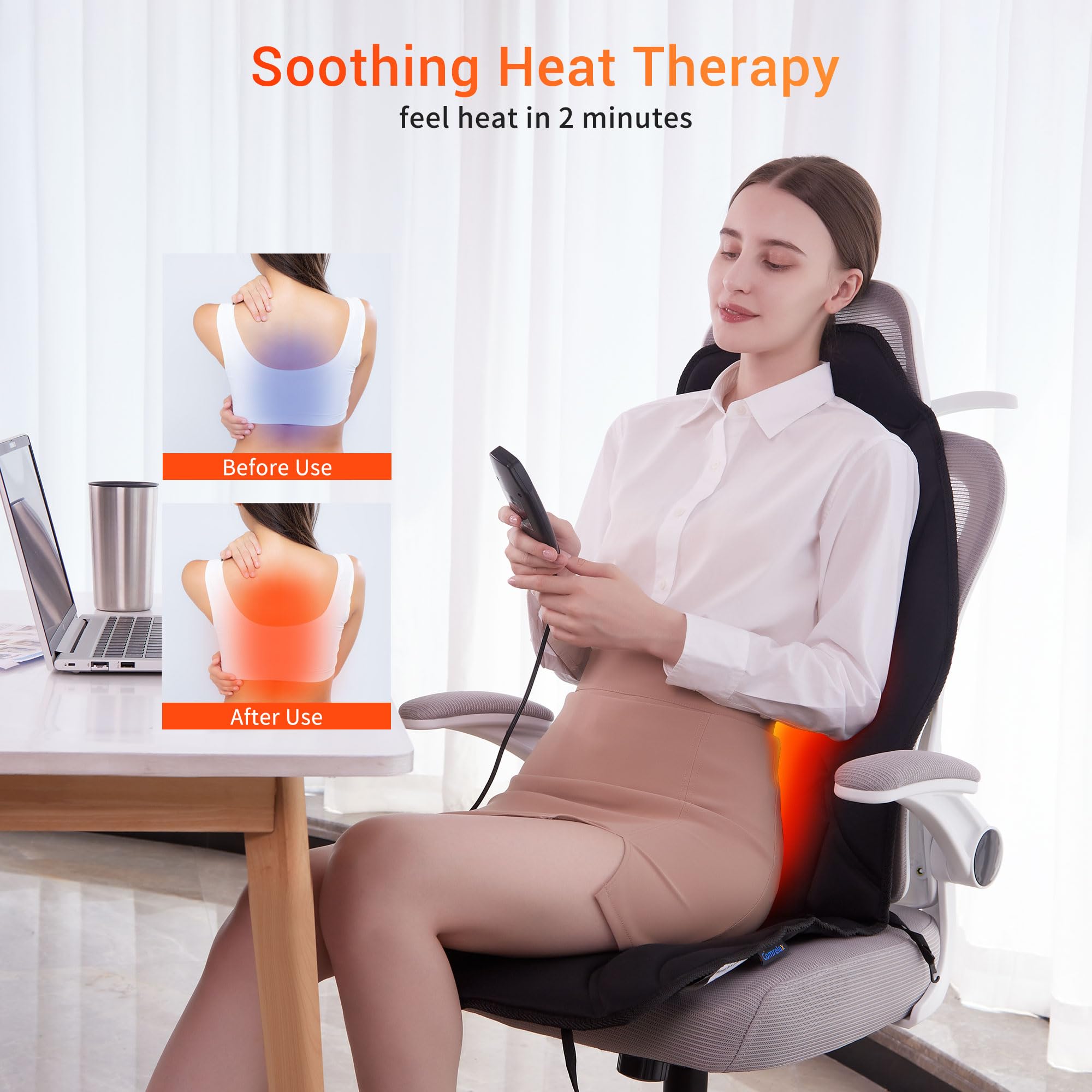 Comrelax back massage chair pad heat feature soothes back muscles after work.