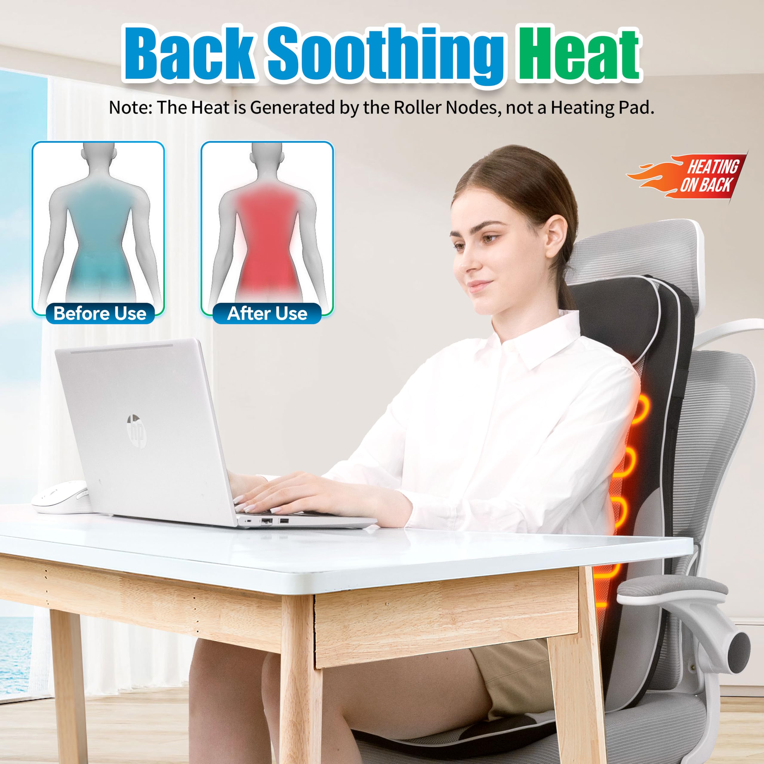 Comrelax chair massager with secure strap fits office chairs and sofas.