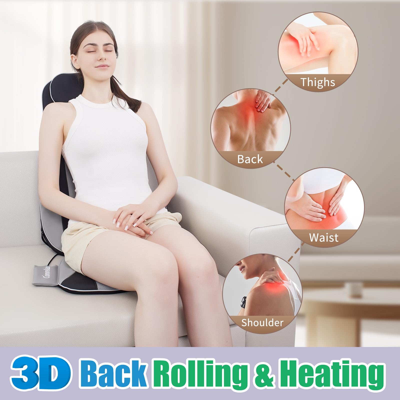 Comrelax vibration seat massager targets hips and thighs with adjustable intensity.