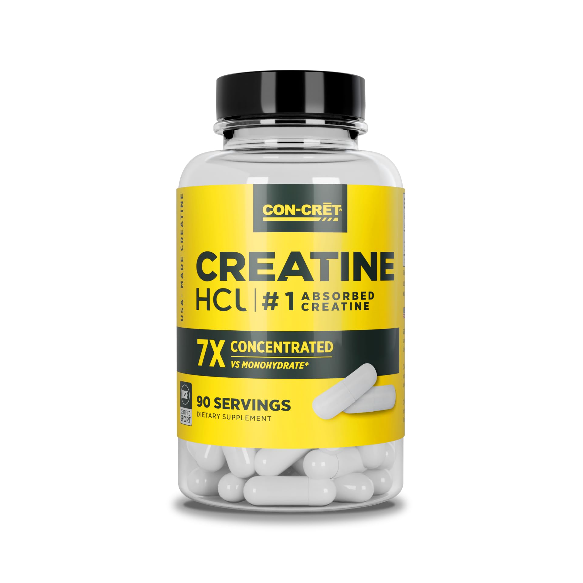 CON-CRET Creatine HCl capsules in bottle for clean energy support.