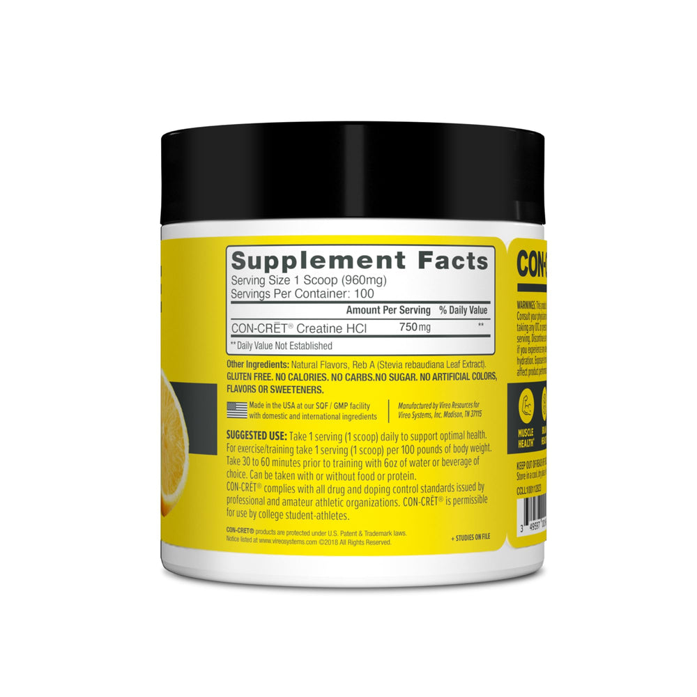 CON-CRET Creatine HCl bottle with NSF certification seal ensures quality.