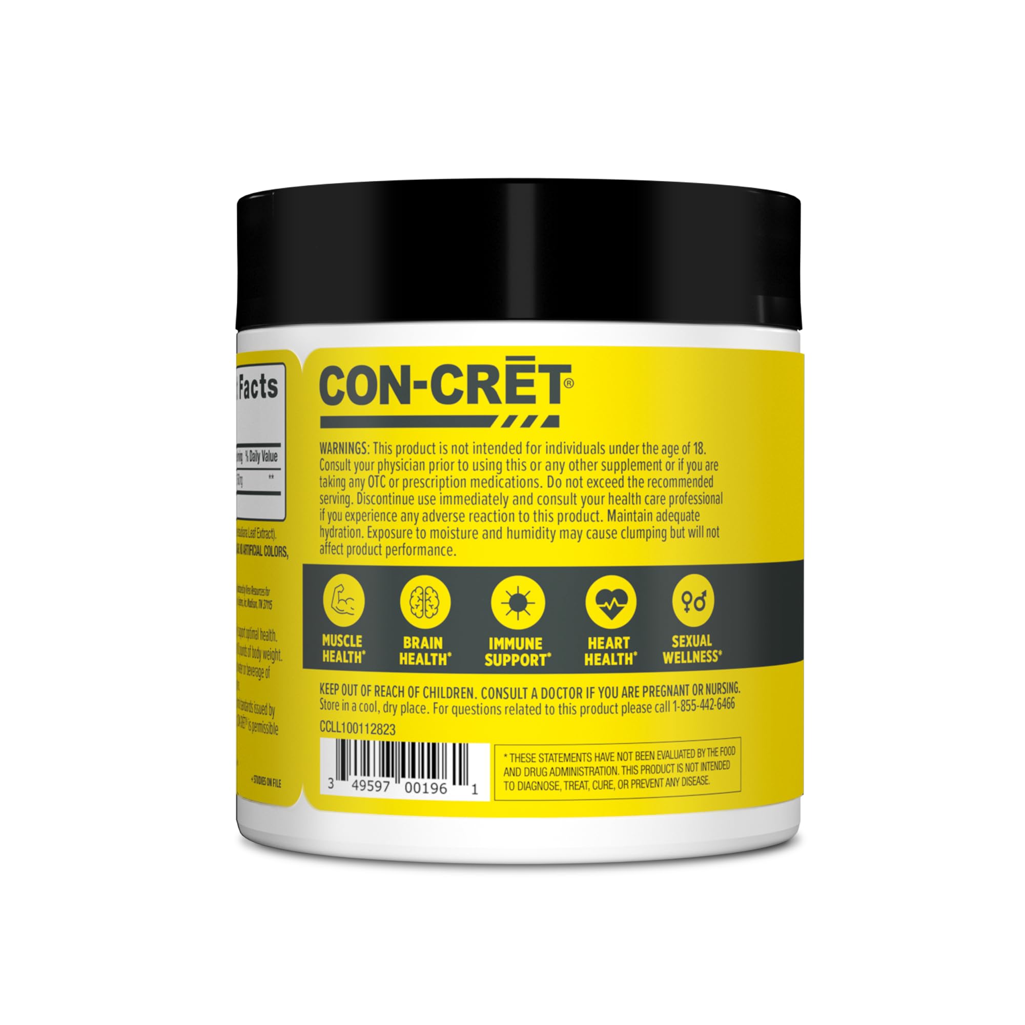Front-facing CON-CRET pineapple bottle with serving scoop and nutrition facts.
