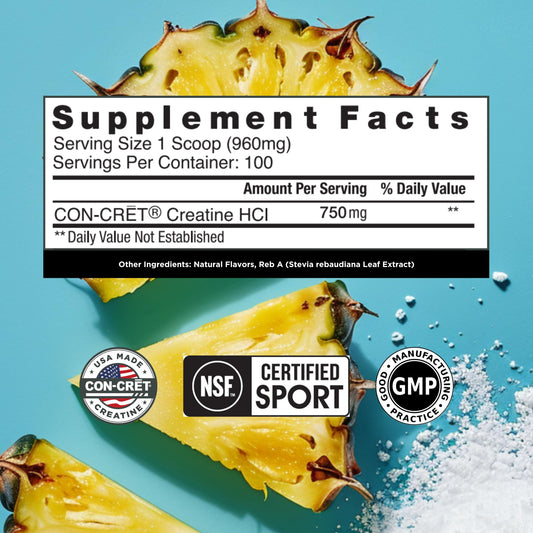 CON-CRET Creatine HCl powder dissolving in water for fast absorption and small-dose benefits.
