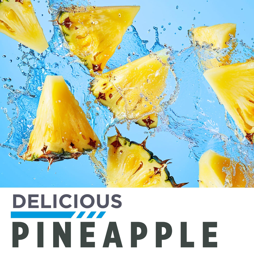 Glass of pineapple-flavored drink with CON-CRET Creatine HCl showing improved mixability.