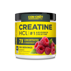CON-CRET Creatine HCl raspberry packaging highlights flavor and daily use