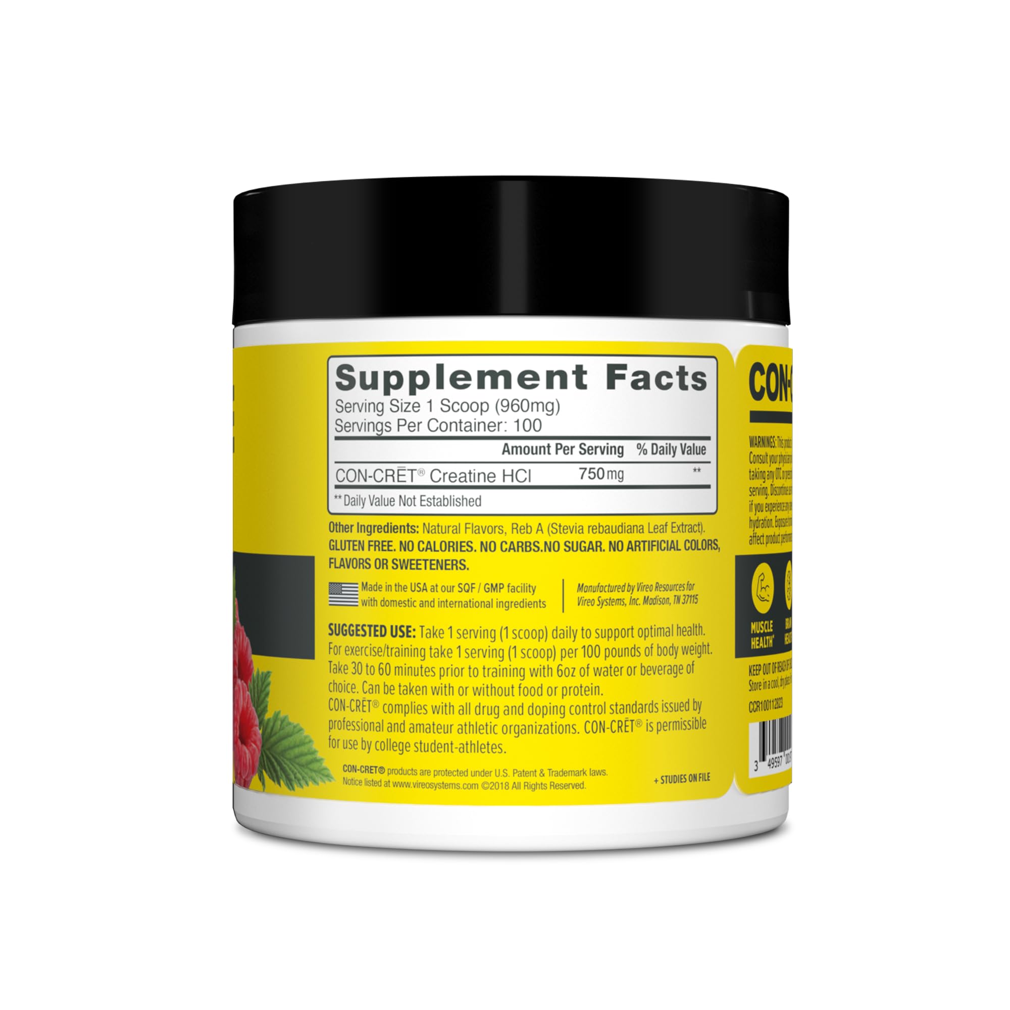 Raspberry-flavored CON-CRET Creatine HCl powder in shaker during workout