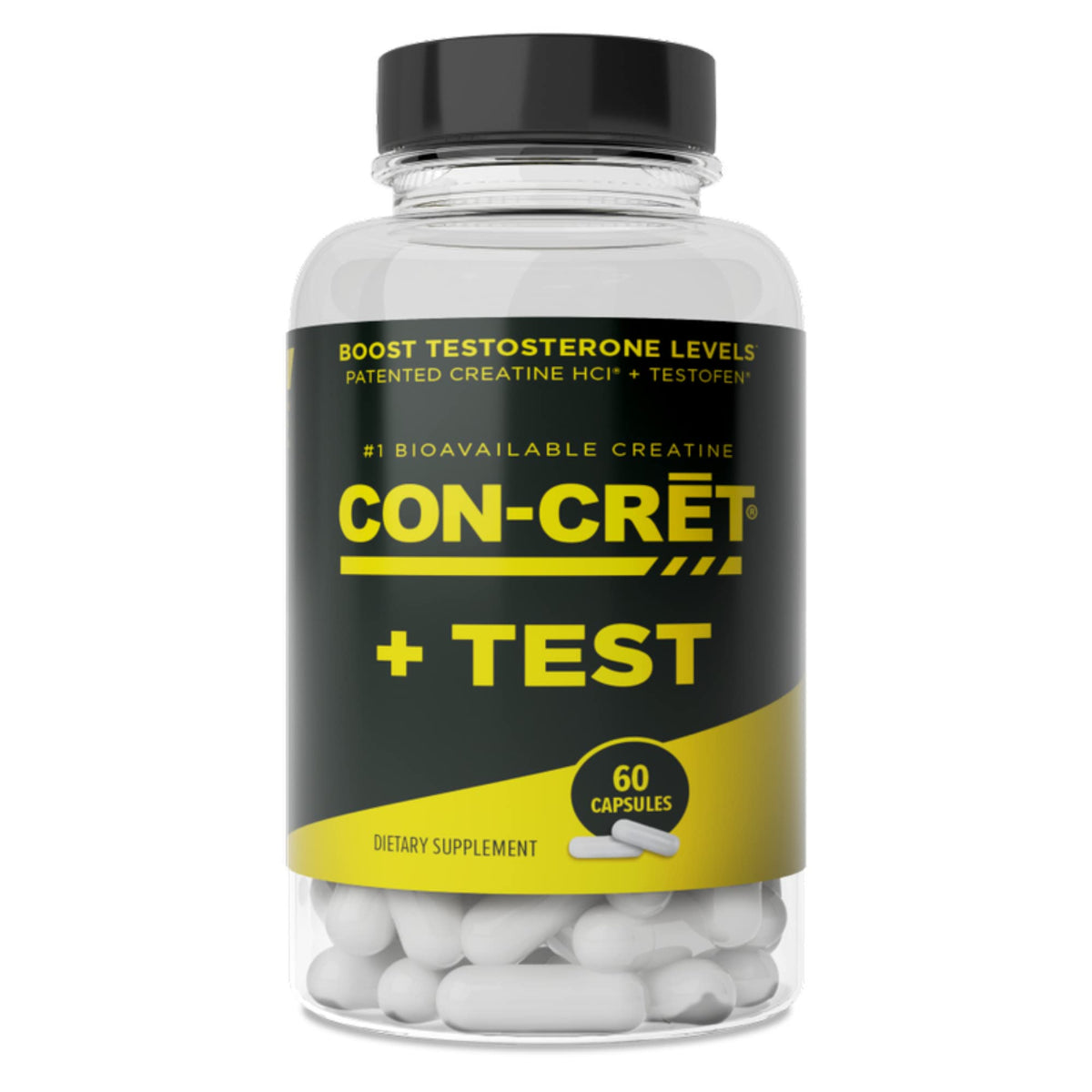 CON-CRET Testofen bottle front highlighting creatine power for workouts