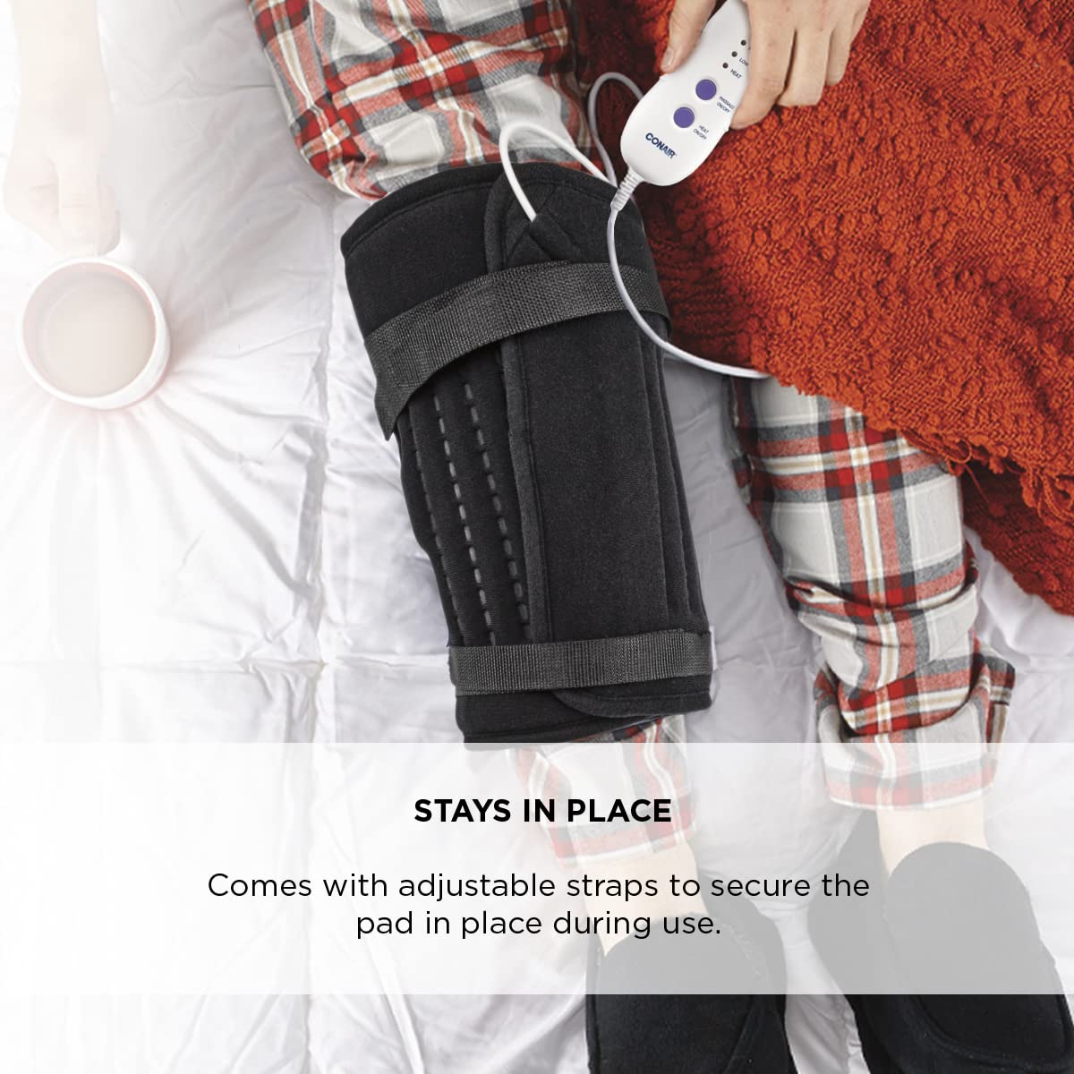 Conair Comfort adjustable straps secure the pad for hands-free use.