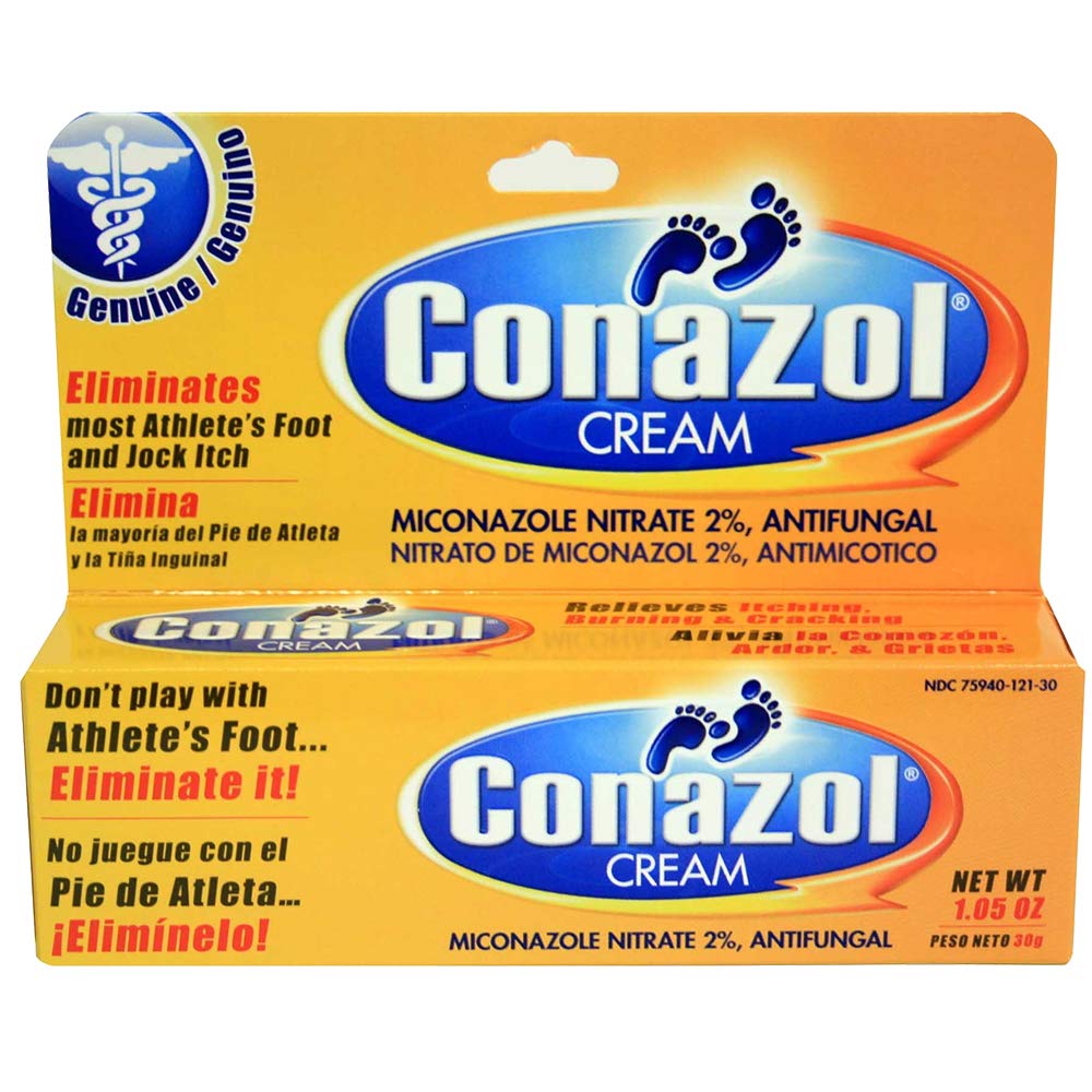 Conazol cream tube back label highlights usage and ingredients.