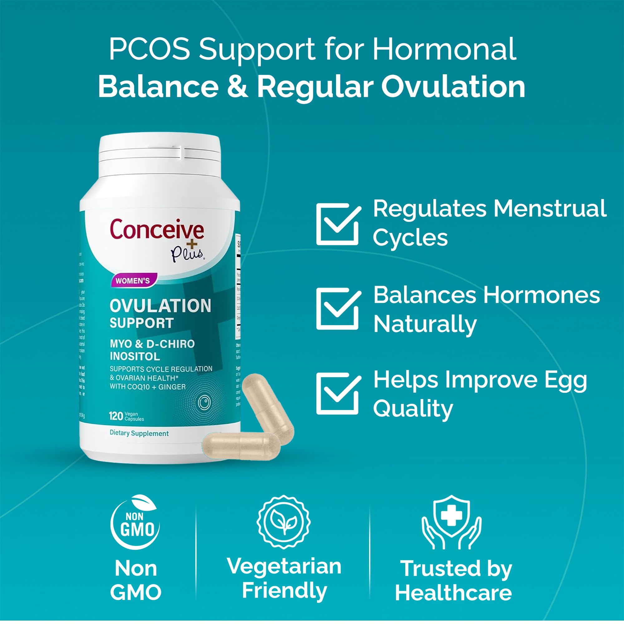 Conceive Plus capsules close-up highlighting easy-to-take ovulation support formula.