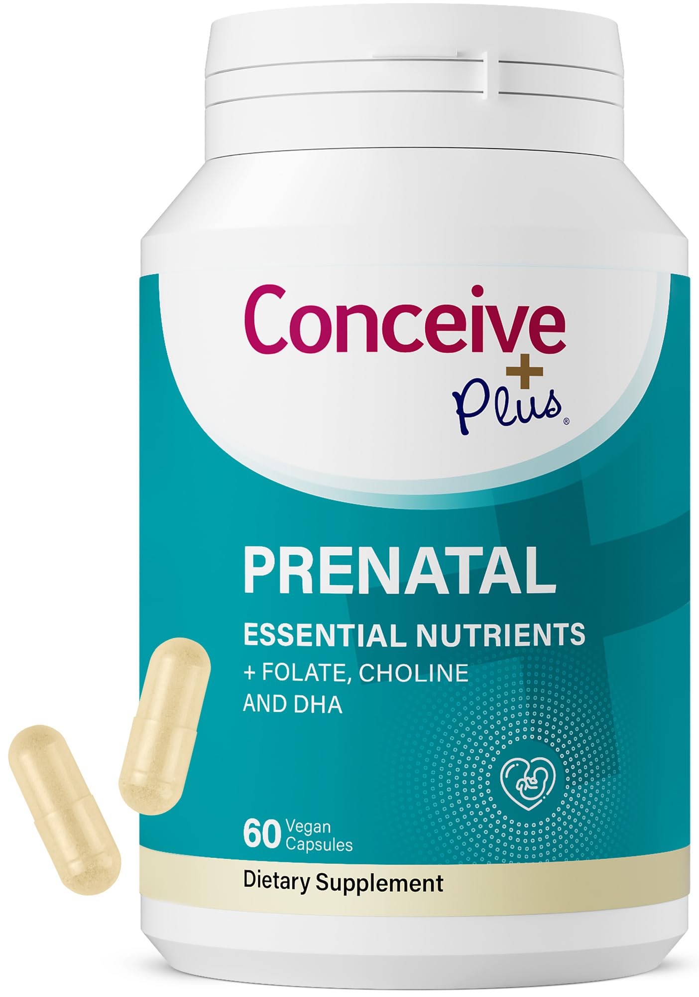 Conceive Plus Prenatal DHA bottle focus, supports fetal brain development through Omega-3 nutrients.
