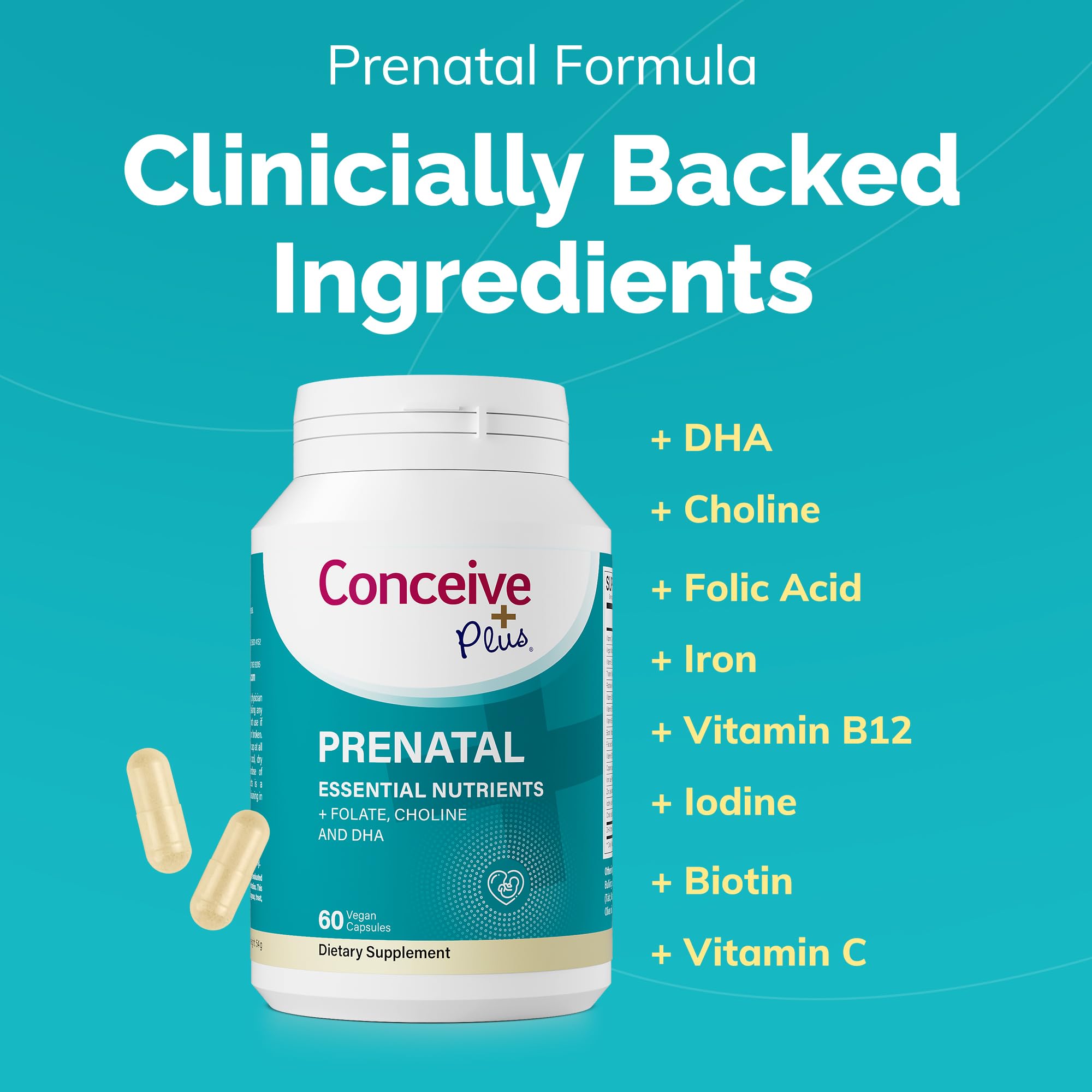Conceive Plus Prenatal iron tablets shown, gentle iron for maternal blood support.