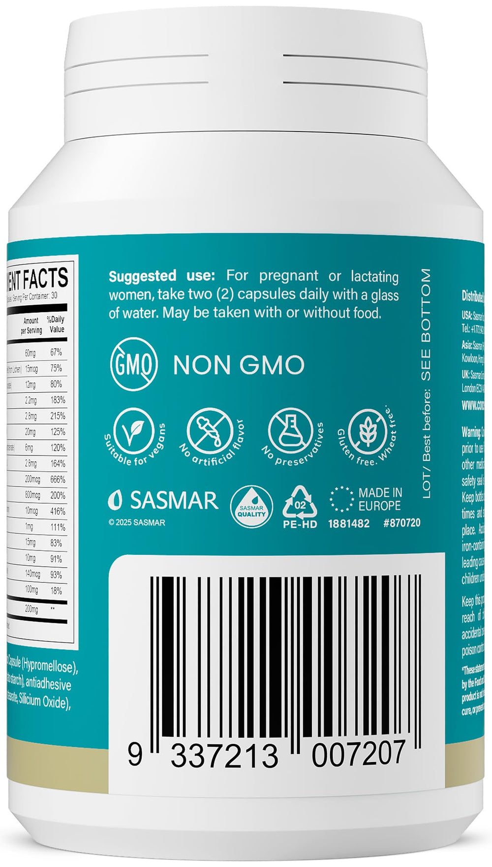 Conceive Plus Prenatal non-GMO vegan label, plant-based prenatal nutrition option.