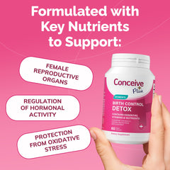 Conceive Plus bottle with vitamin D3, zinc, and folic acid ingredients displayed.