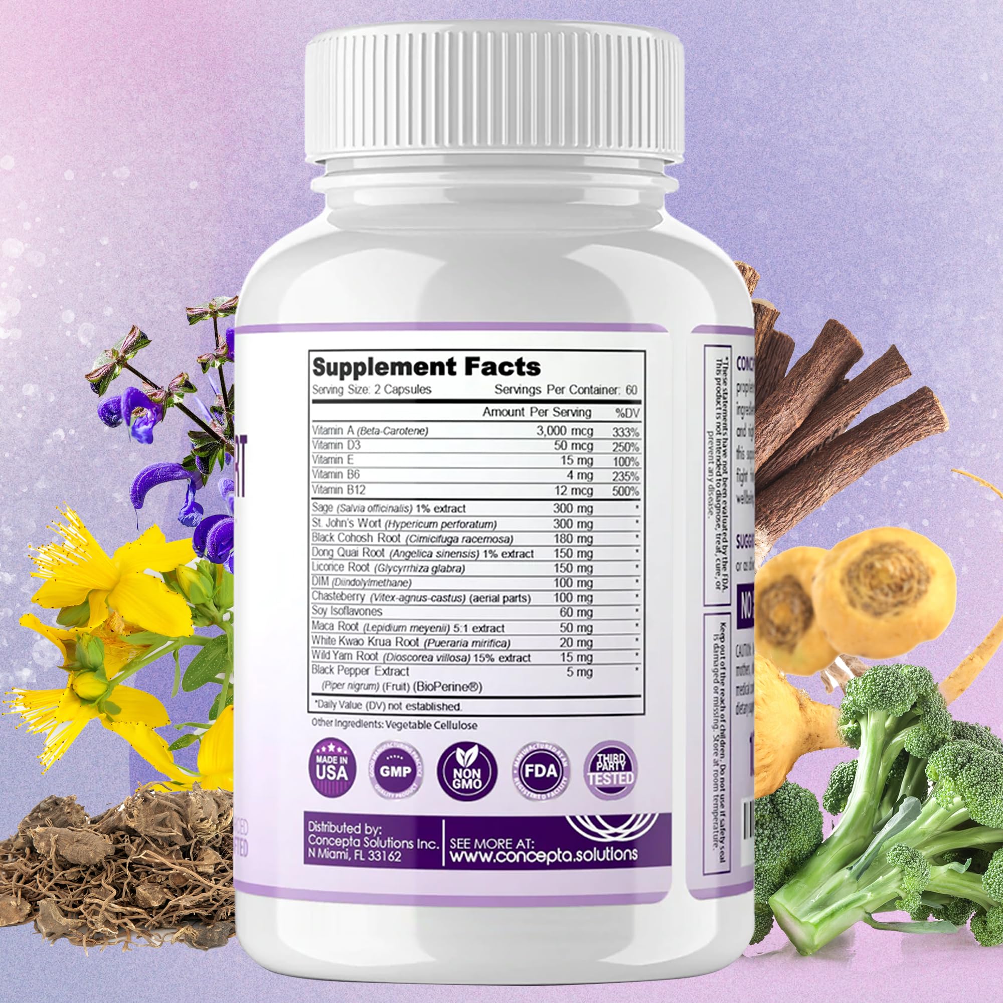 Concepta Solutions herbal blend capsule label featuring Maca and Sage for vitality