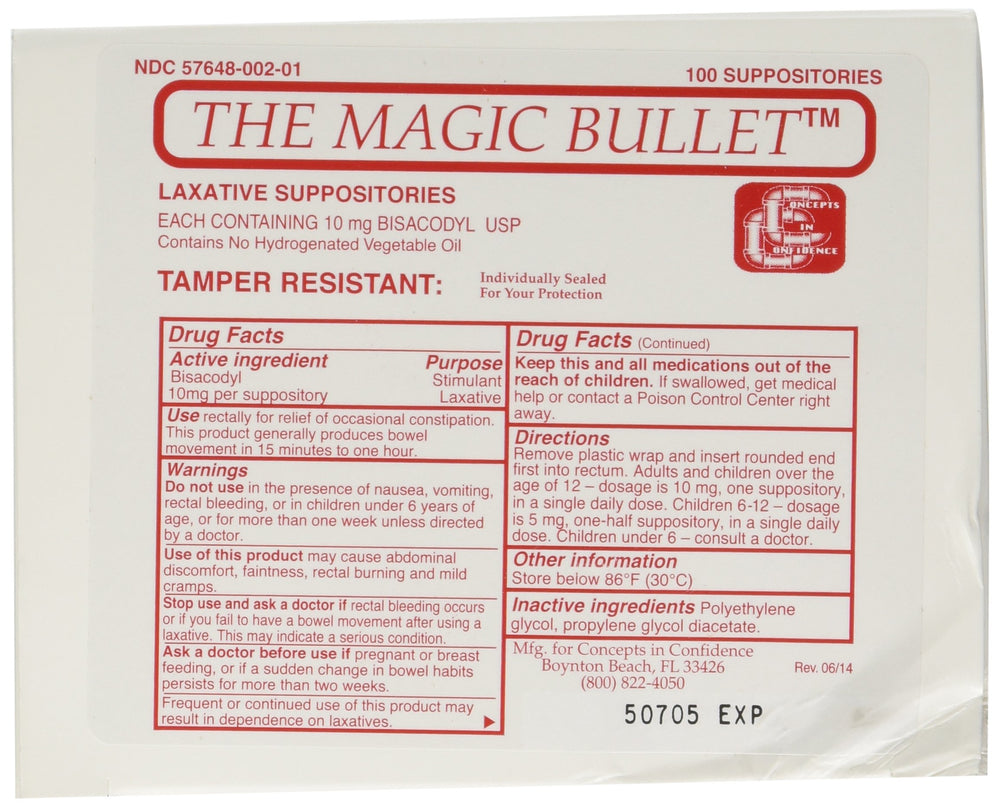 Concepts in Confidence Magic Bullet suppository box showing compact packaging for at-home use.