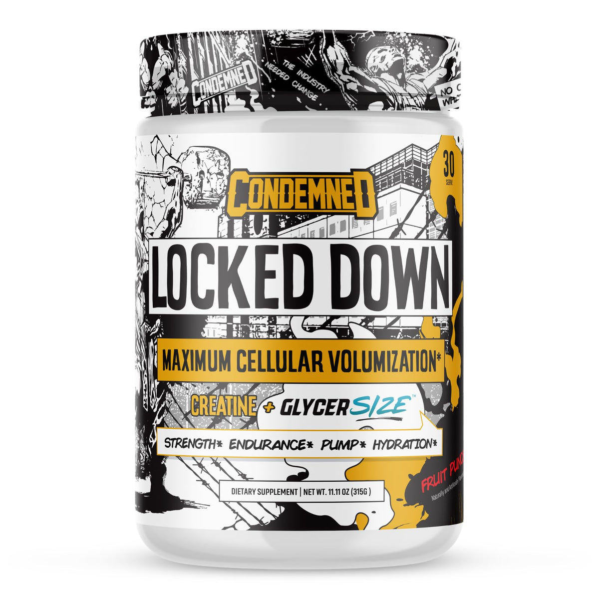 CONDEMNED Labz Locked Down bottle close-up, highlighting energy-boosting formula for workouts