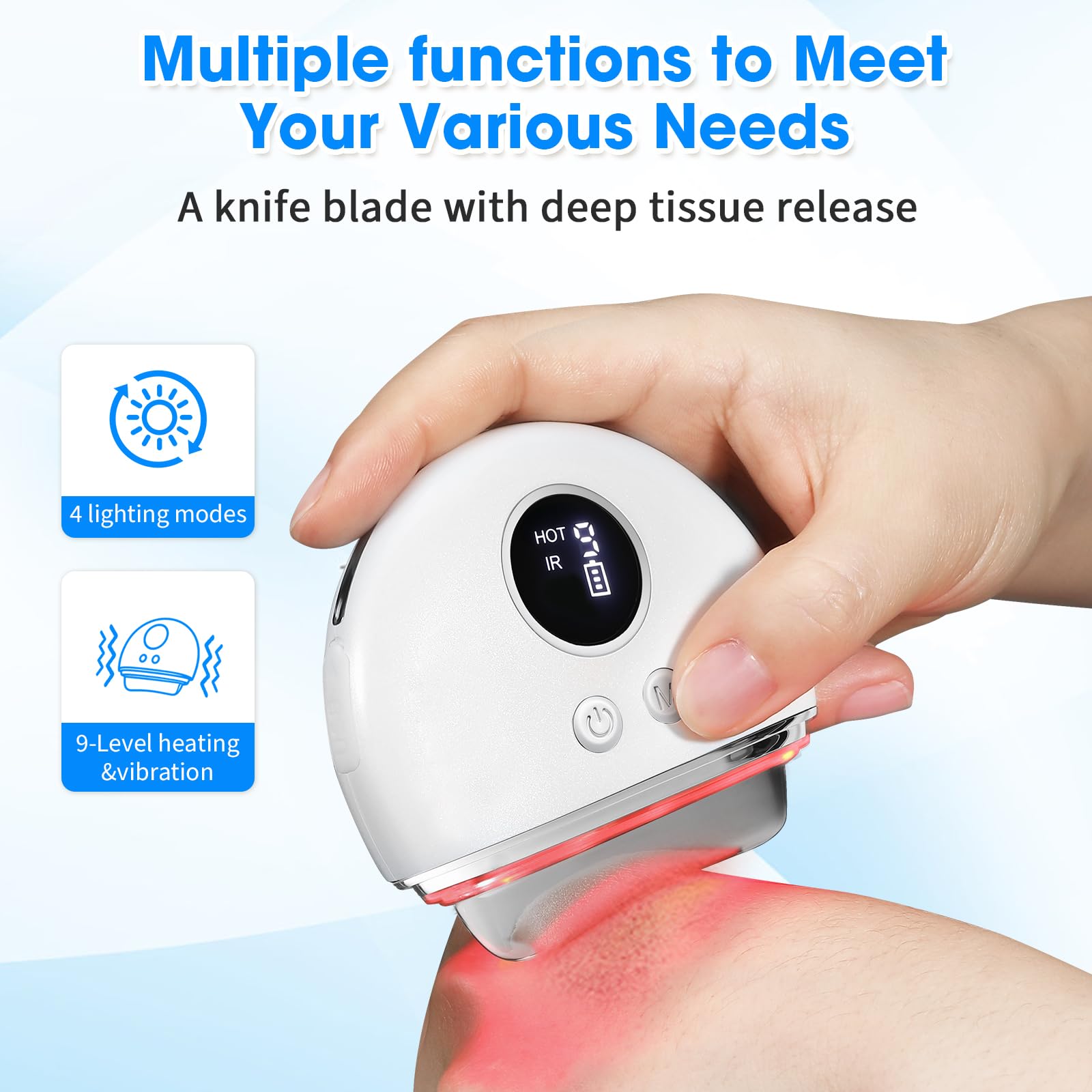 CONNOVA deep tissue massage tool in action with heat, vibration, and LED glow