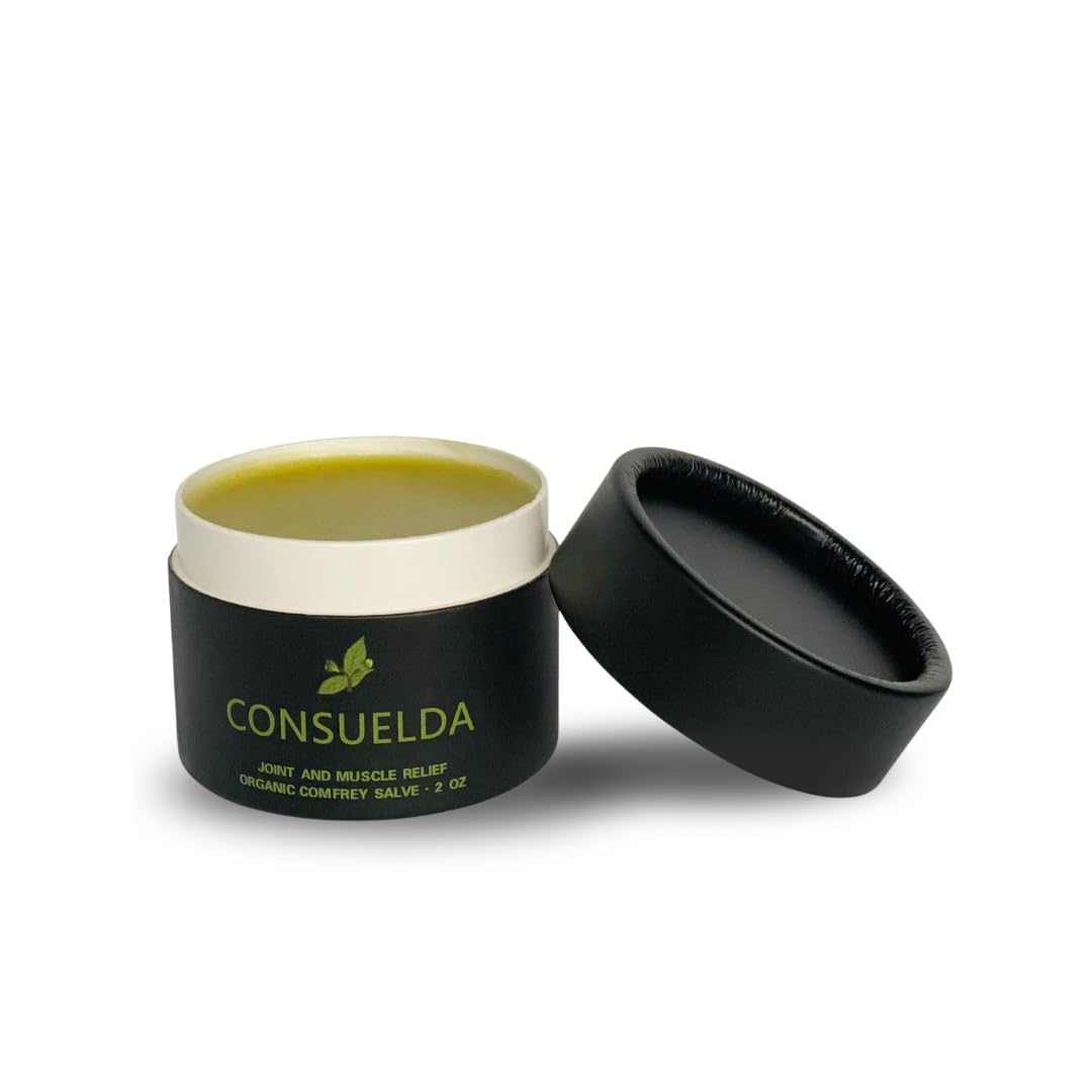 Consuelda Comfrey Salve bottle pour enables easy post-activity application for sore muscles.