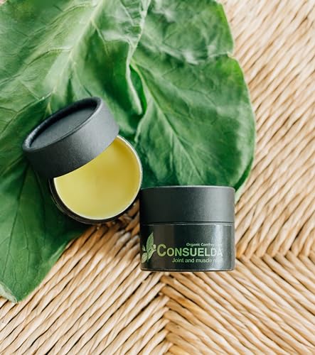 Consuelda Comfrey Salve label-detail highlights traditional, plant-based formula.
