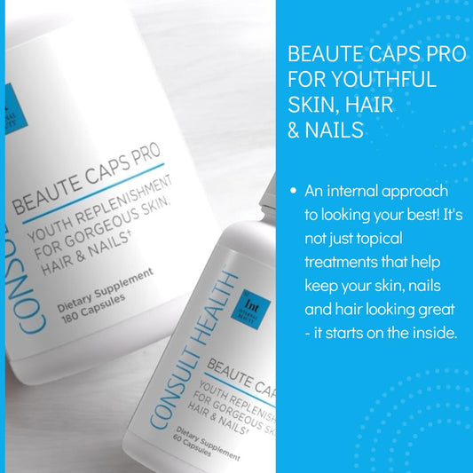 Consult Beaute Caps Pro ingredients label highlights 10,500 mcg Biotin for nourishment.