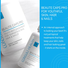 Consult Beaute Caps Pro ingredients label highlights 10,500 mcg Biotin for nourishment.