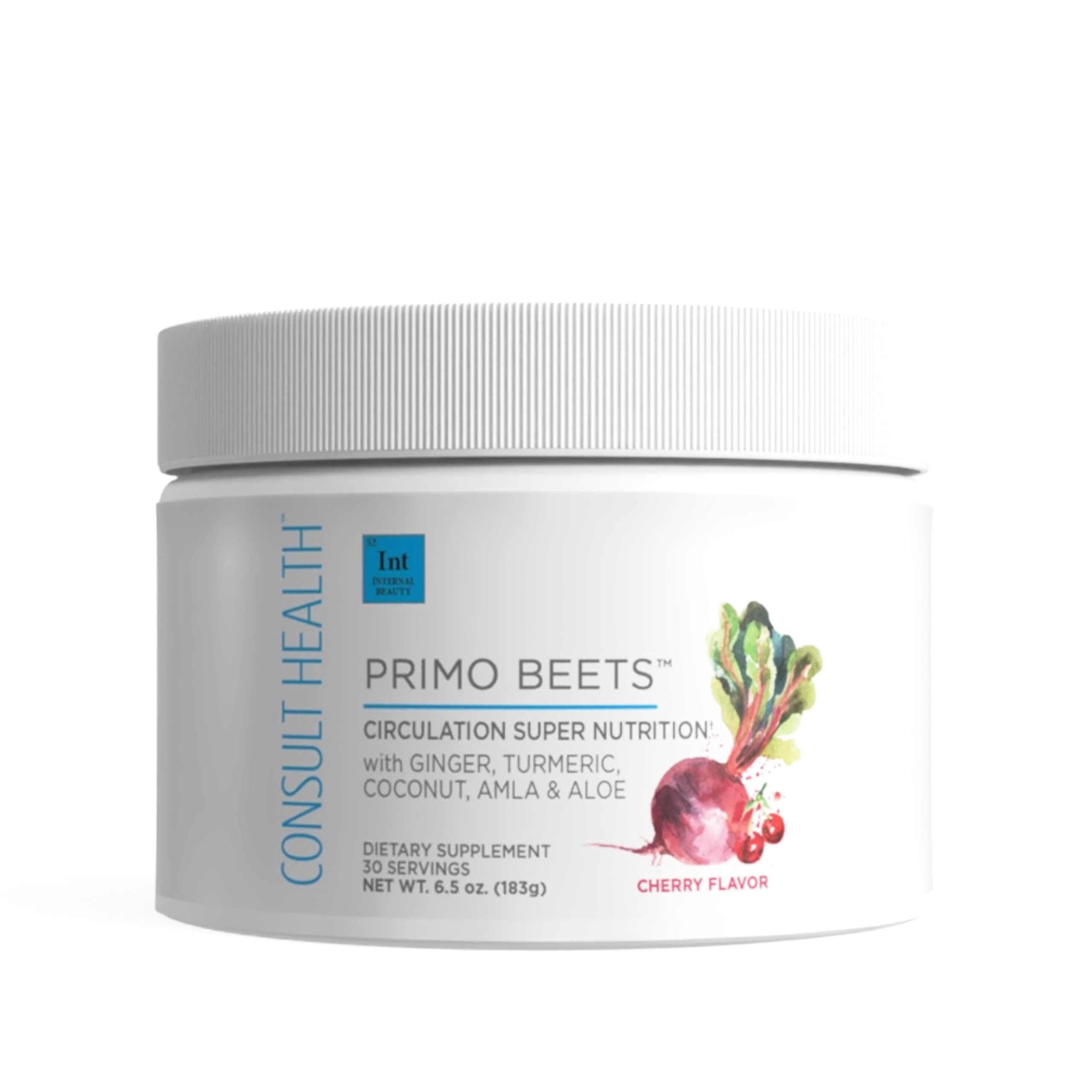Consult Beaute Primo Beets bottle showing cherry-flavored beet root powder for natural energy