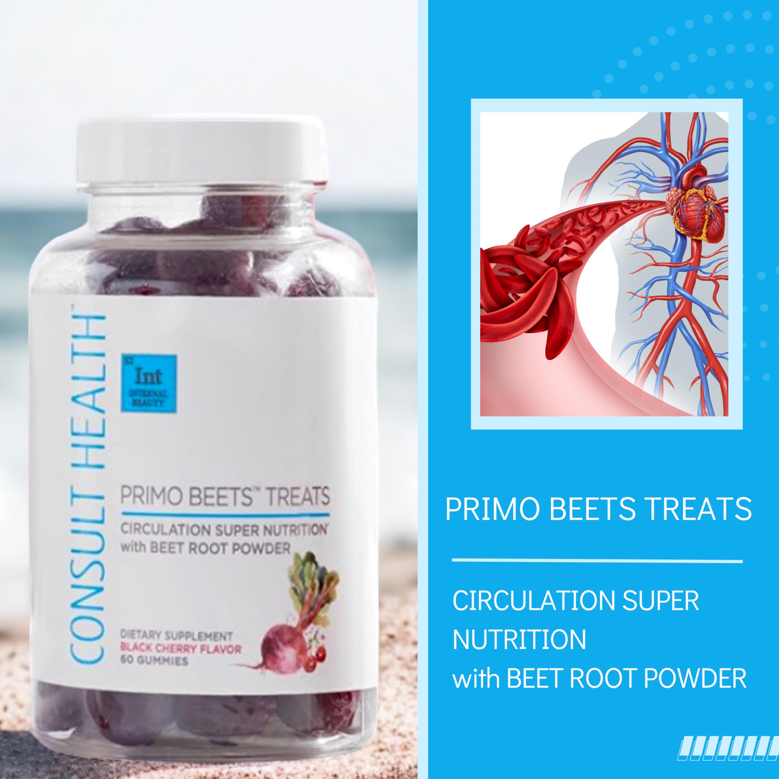 Closeup of gummies showing texture and color in Consult Health Primo Beets Treats.