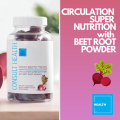 Hand holding a Consult Health Primo Beets Treats gummy highlights convenient daily ingestion.