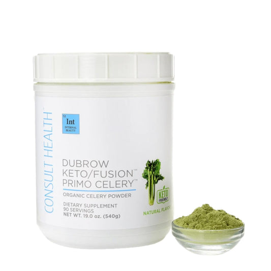 Consult Health Primo Celery powder tub with water glass, highlighting hydration potential.