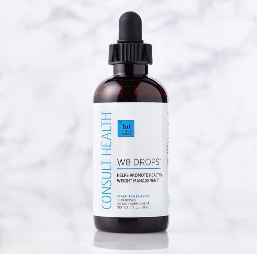 Consult Health W8 Drops packaging beside fresh fruit highlighting antioxidants.