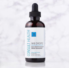 Consult Health W8 Drops packaging beside fresh fruit highlighting antioxidants.