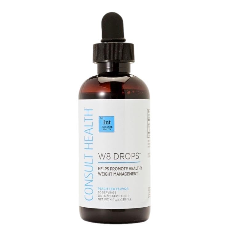Consult Health W8 Drops bottle with dropper shows appetite control support.